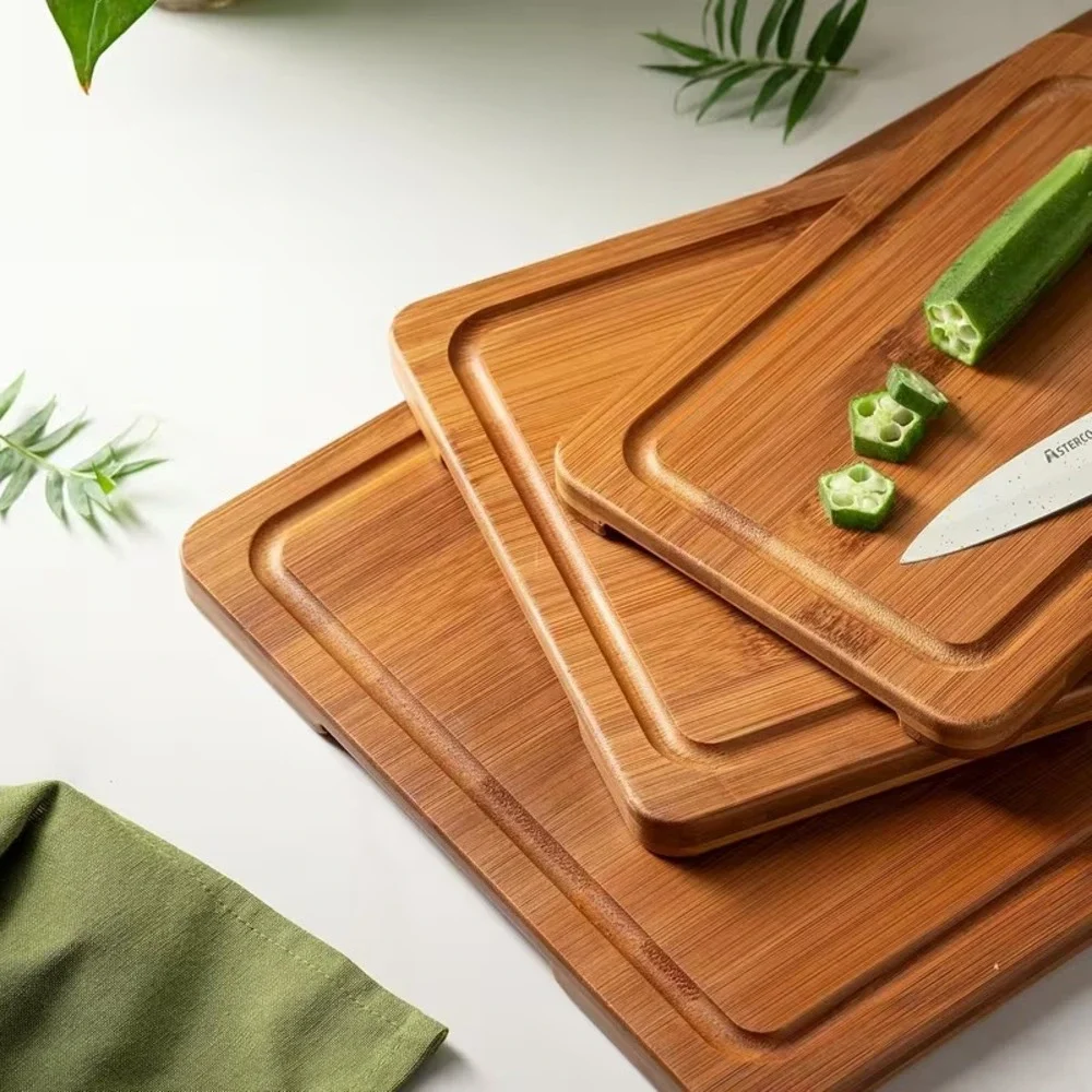 Bamboo Cutting Boards with Wood Storage Stand Deep Carbonized Grooved 3 Sizes